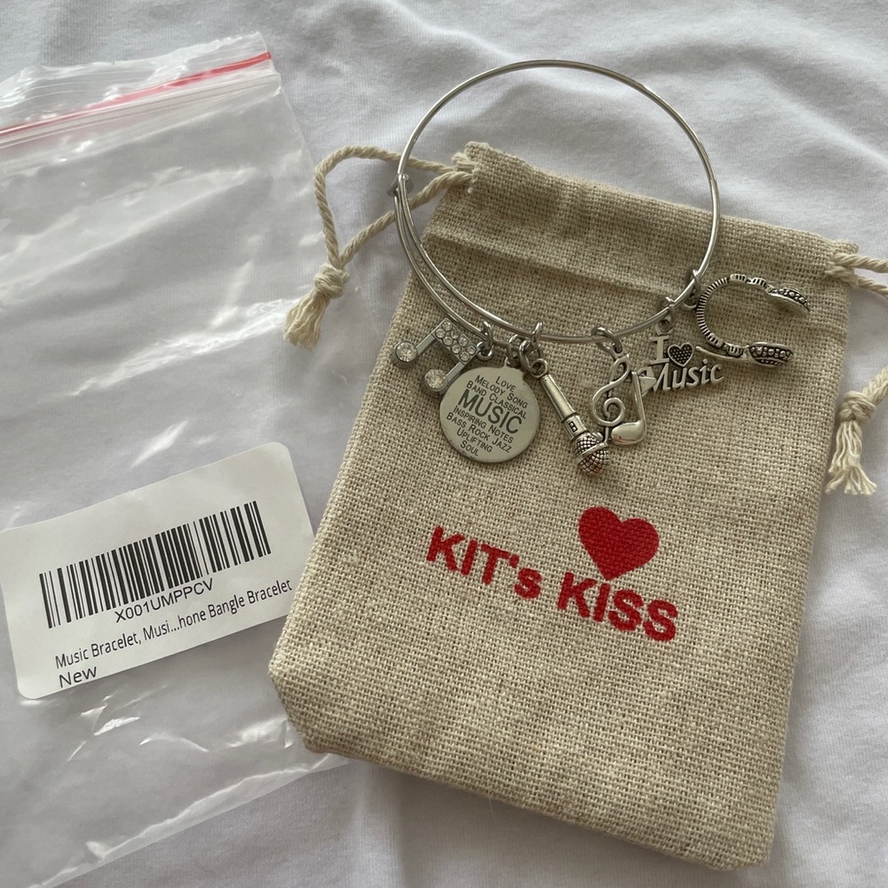 Kit's Kiss Rhinestone Love Music Notes Microphone Headphones Bangle Bracelet NEW